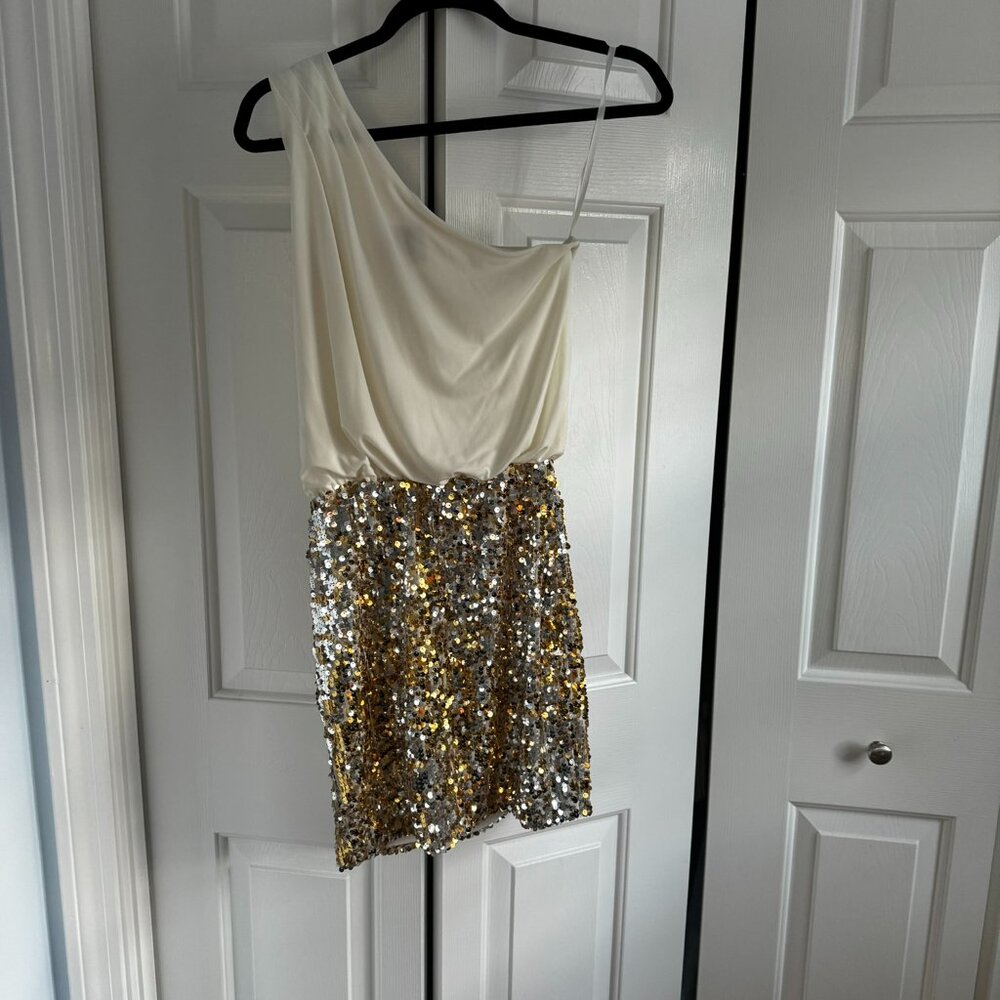 White & Gold Sequin One Shoulder Mini Party Dress Size XS